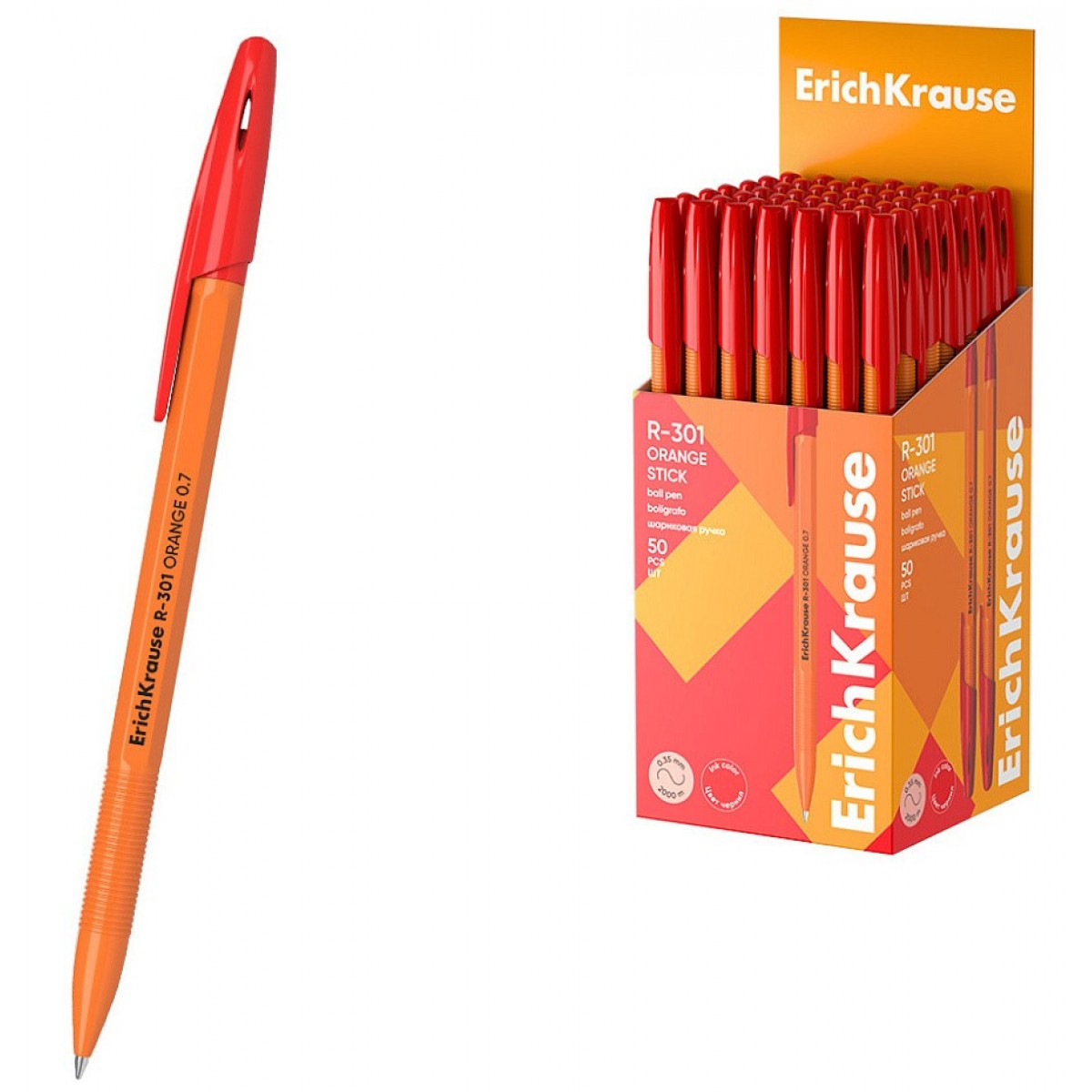 Ручка шариковая, цвет чернил красный ErichKrause R-301 Stick Orange 0.7мм
