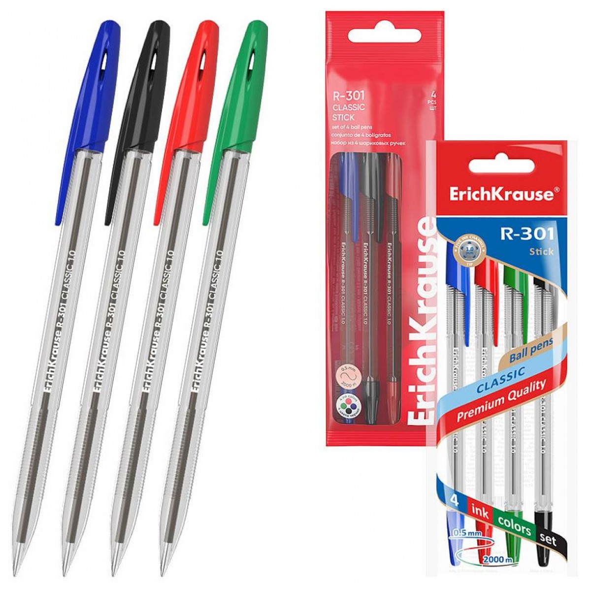 Набор из 4 ручек шарик ErichKrause R-301 Stick Classic 1.0, (синий, черный, красный, зеленый)