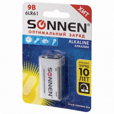 Батарейка SONNEN Alkaline, Крона (6LR61, 6LF22, 1604A), алкалиновая, 1 шт., блистер,