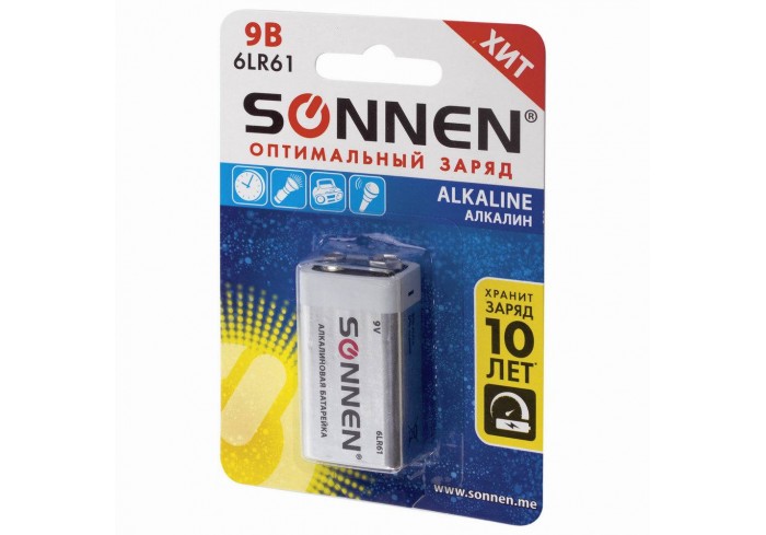 Батарейка SONNEN Alkaline, Крона (6LR61, 6LF22, 1604A), алкалиновая, 1 шт., блистер,