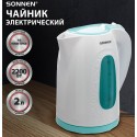 Чайник SONNEN KT-2016, 2 л, 2200 Вт, закрытый нагревательный элемент, пластик, белый/голубой,