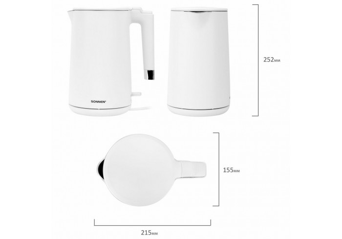 Чайник электрический с двойными стенками SONNEN KT-8719W, 1,5 л, 2200 Вт, белый,