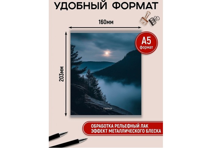 Тетрадь КЛЕТКА 48л. ЛУННЫЕ ПЕЙЗАЖИ,клетка, на скрепке, цвет.мелов.обложка, твин-лак, холодная фольга