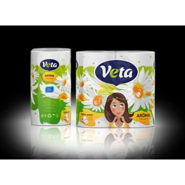 Бумага туалетная Veta Aromat 2-слойная, аромат-ая, ромашка, на втулке, 15м, 100% целлюлоза, 4 рулона