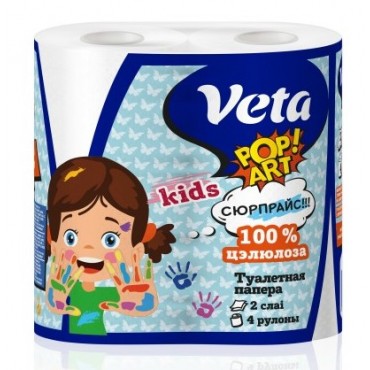 Бумага туалетная Veta Pop Art Kids 2-слойная, на втулке, 15м, 100% целлюлоза, 4 рулона