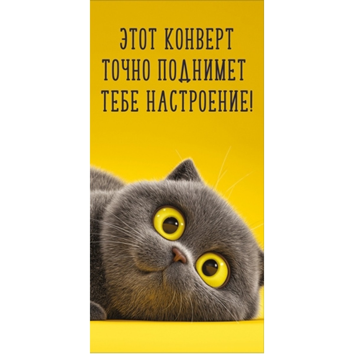 Конверт для денег ЭТОТ КОНВЕРТ ТОЧНО ПОДНИМЕТ ТЕБЕ НАСТРОЕНИЕ!  (серый кот на желтом фоне), 84*168мм