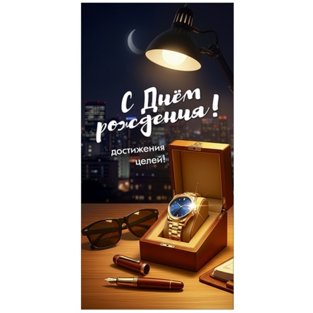 Конверт для денег С ДНЕМ РОЖДЕНИЯ! ДОСТИЖЕНИЯ ЦЕЛЕЙ! (часы в подарочной коробке, очки, ручка), 84*16