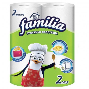 Полотенца бумажные двухслойные, 2 рулона (2 х 9,6 метра), FAMILIA 