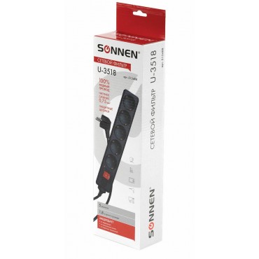 Сетевой фильтр SONNEN U-3518, 5 розеток, с заземлением, выключатель, 10 А, 1,8 м, черный,