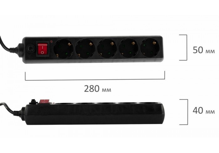 Сетевой фильтр SONNEN U-3518, 5 розеток, с заземлением, выключатель, 10 А, 1,8 м, черный,
