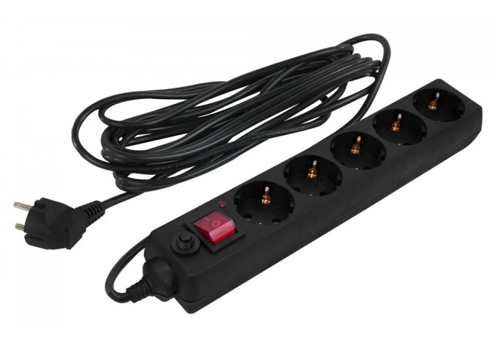 Сетевой фильтр SONNEN U-3515, 5 розеток, с заземлением, выключатель, 10 А, 5 м, черный,