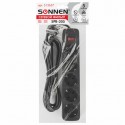 Сетевой фильтр 3м, 5 розеток, SONNEN SPB-305, с заземлением, выключатель, 10А, черный,