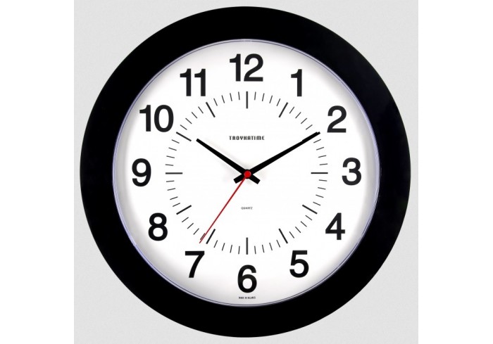 Часы настенные, диаметр 305 мм, стекло пластиковое сферической формы, пластик. ободок, цвет-чёрный