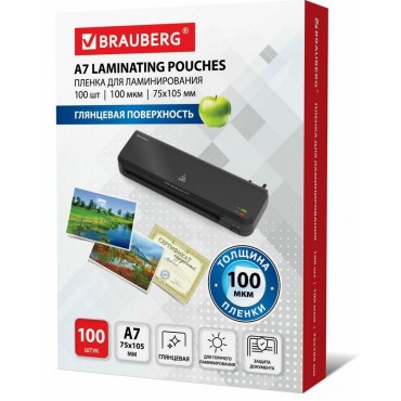 Пленка для ламинирования МАЛОГО ФОРМАТА (75х105 мм), КОМПЛЕКТ 100 шт., 100 мкм, BRAUBERG,