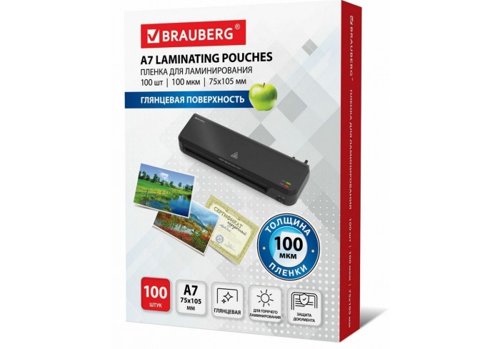 Пленка для ламинирования МАЛОГО ФОРМАТА (75х105 мм), КОМПЛЕКТ 100 шт., 100 мкм, BRAUBERG,