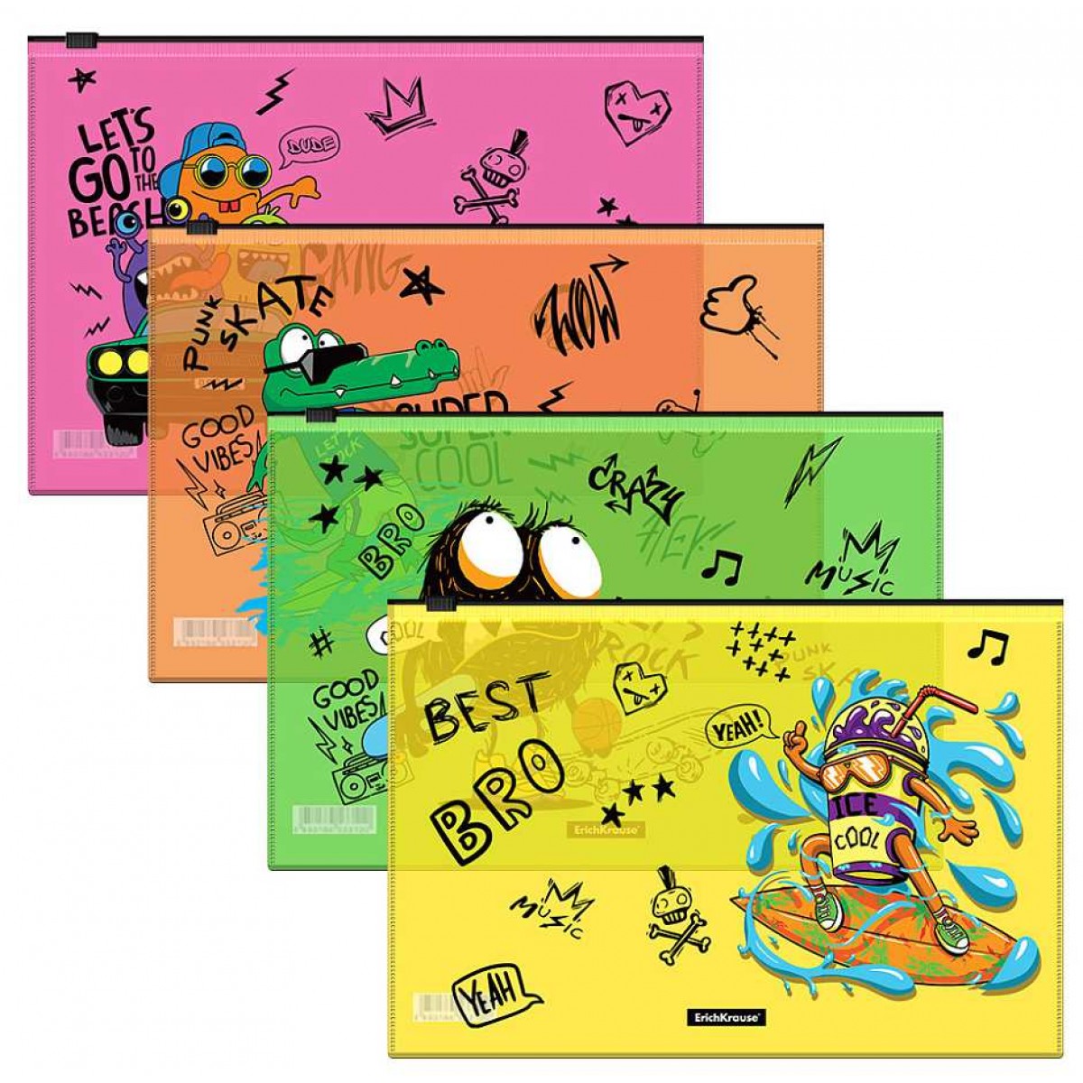 Папка-конверт на молнии Zip-пакет пластиковый ErichKrause® Funny Monsters, B5 ассорти