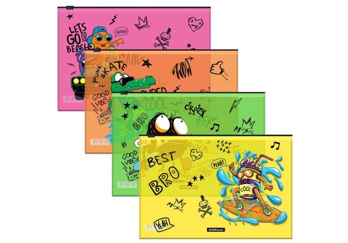 Папка-конверт на молнии Zip-пакет пластиковый ErichKrause® Funny Monsters, B5 ассорти