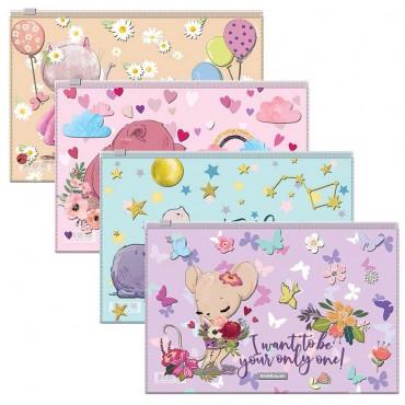 Папка-конверт на молнии Zip пластиковый ErichKrause® Cute Animals, B5, ассорти, 289х214мм, 0.16мм.