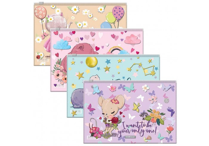 Папка-конверт на молнии Zip пластиковый ErichKrause® Cute Animals, B5, ассорти, 289х214мм, 0.16мм.
