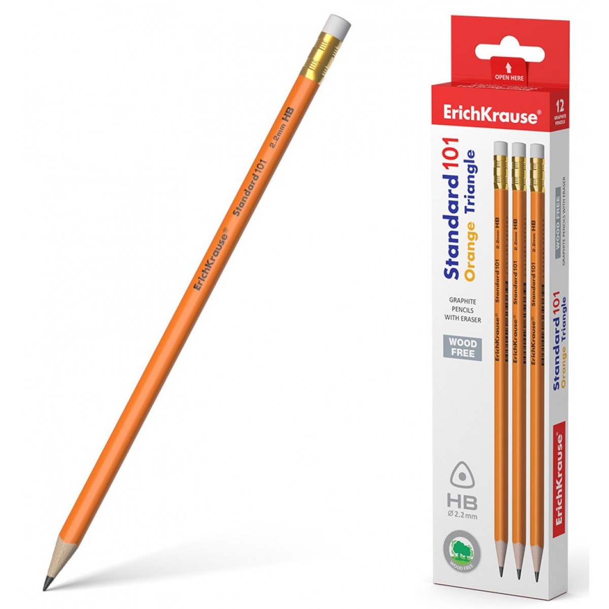 Чернографитный карандаш пластиковый ErichKrause Standard triangle 101 Orange, трехгранный, с ластико