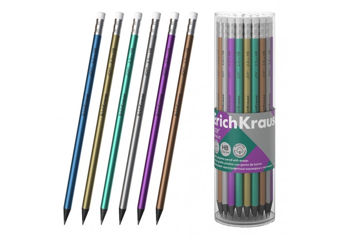 Карандаш чернографитный пластиковый ErichKrause JOY® Металлик, круглый, с ластиком, HB