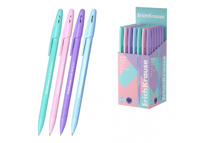 Ручка шар.ErichKrause R-301 Stick Pastel 0.7, линия 0,35, непрозр.6-гран.корпус пастел.цветов, СИНЯЯ