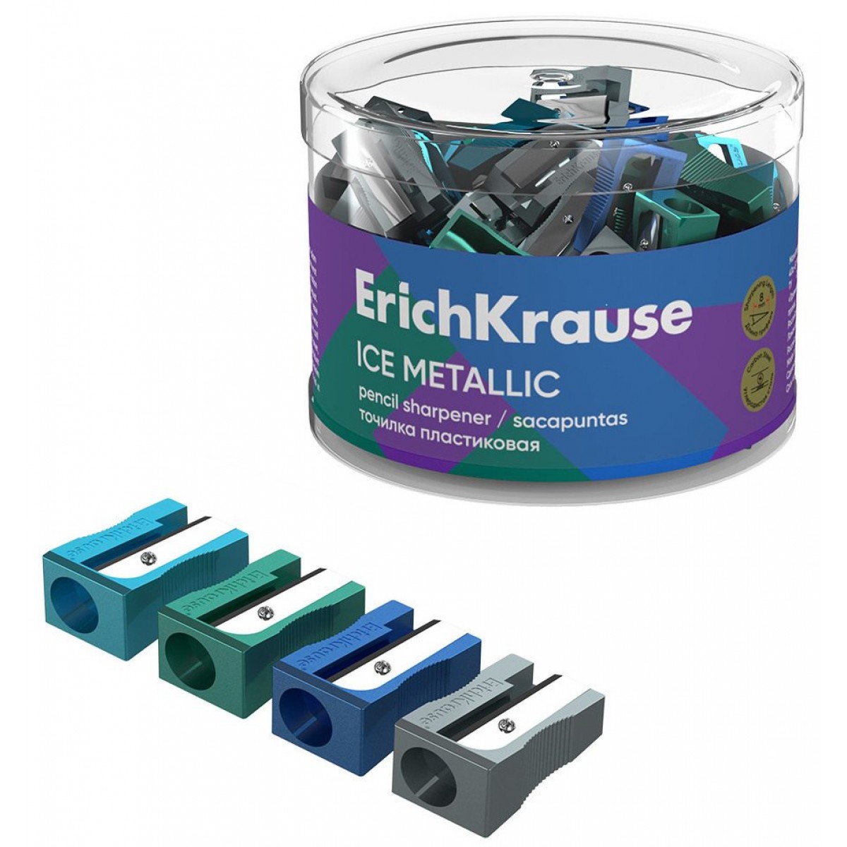 Точилка пластиковая ErichKrause EasySharp, Ice Metallic, ассорти