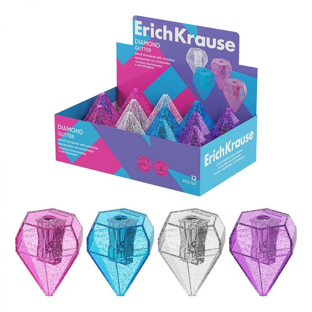 Точилка пластиковая ErichKrause Diamond, Glitter, с контейнером, ассорти
