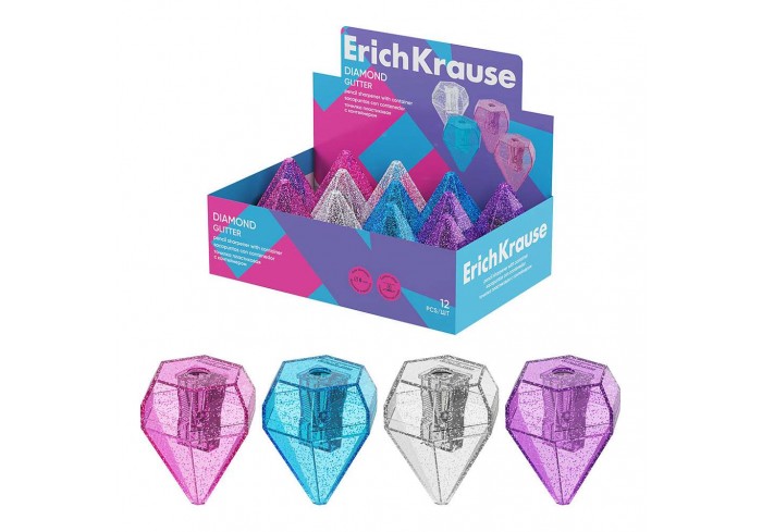 Точилка пластиковая ErichKrause Бриллиант, Блёстки, с контейнером, ассорти