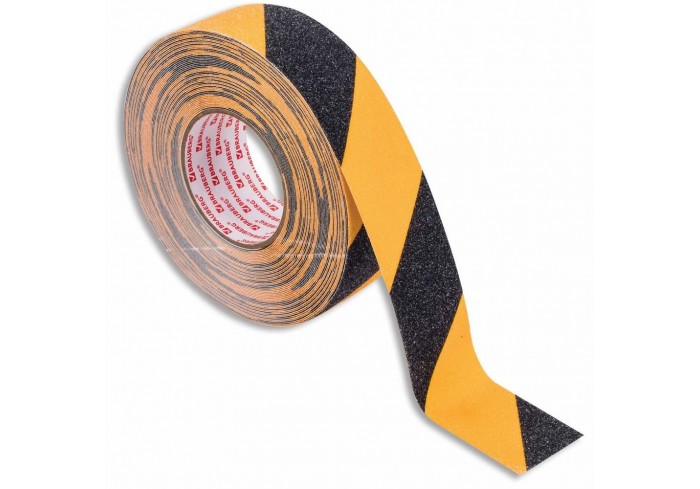 Клейкая ПРОТИВОСКОЛЬЗЯЩАЯ зернистая лента 50мм х 20м, ЧЕРНО-ЖЕЛТАЯ, основа ПВХ, BRAUBERG
