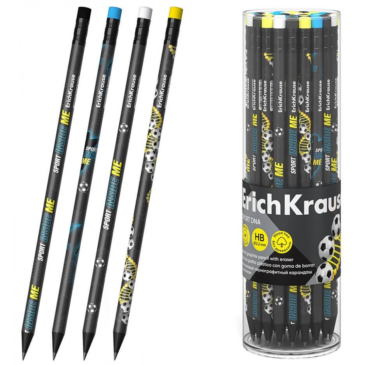 Карандаш чернографитный пластиковый ErichKrause Sport DNA, круглый, с ластиком, HB