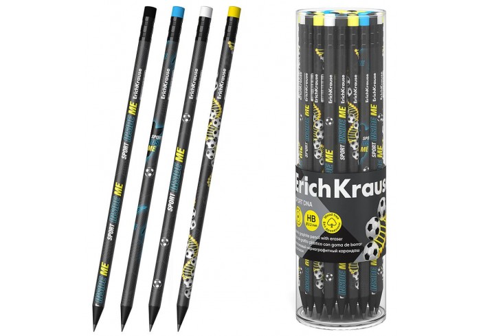 Карандаш чернографитный пластиковый ErichKrause Sport DNA, круглый, с ластиком, HB