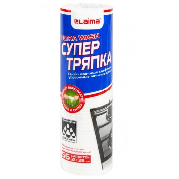 Салфетки уборочные ЦЕЛЛЮЛОЗНЫЕ многоразовые особо прочные 56 шт. СУПЕР ТРЯПКА 21х28 см LAIMA ULTRA W