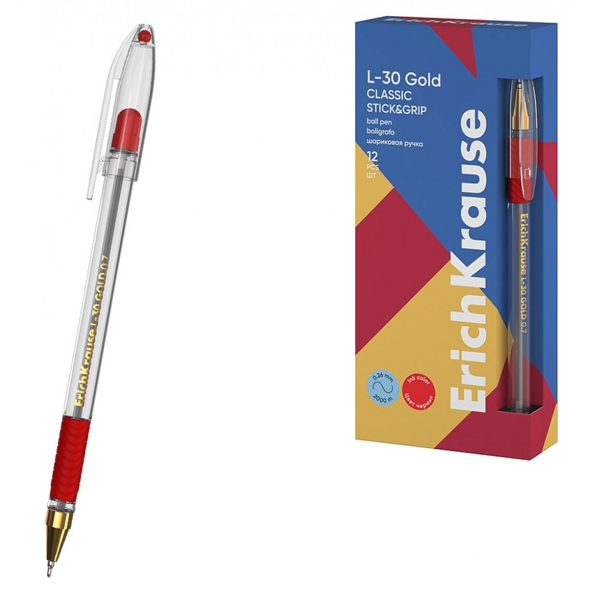 Ручка шарик.с резин.хватом ErichKrause L-30 Gold Stick&Grip Classic 0.7, линия 0,26, КРАСНАЯ