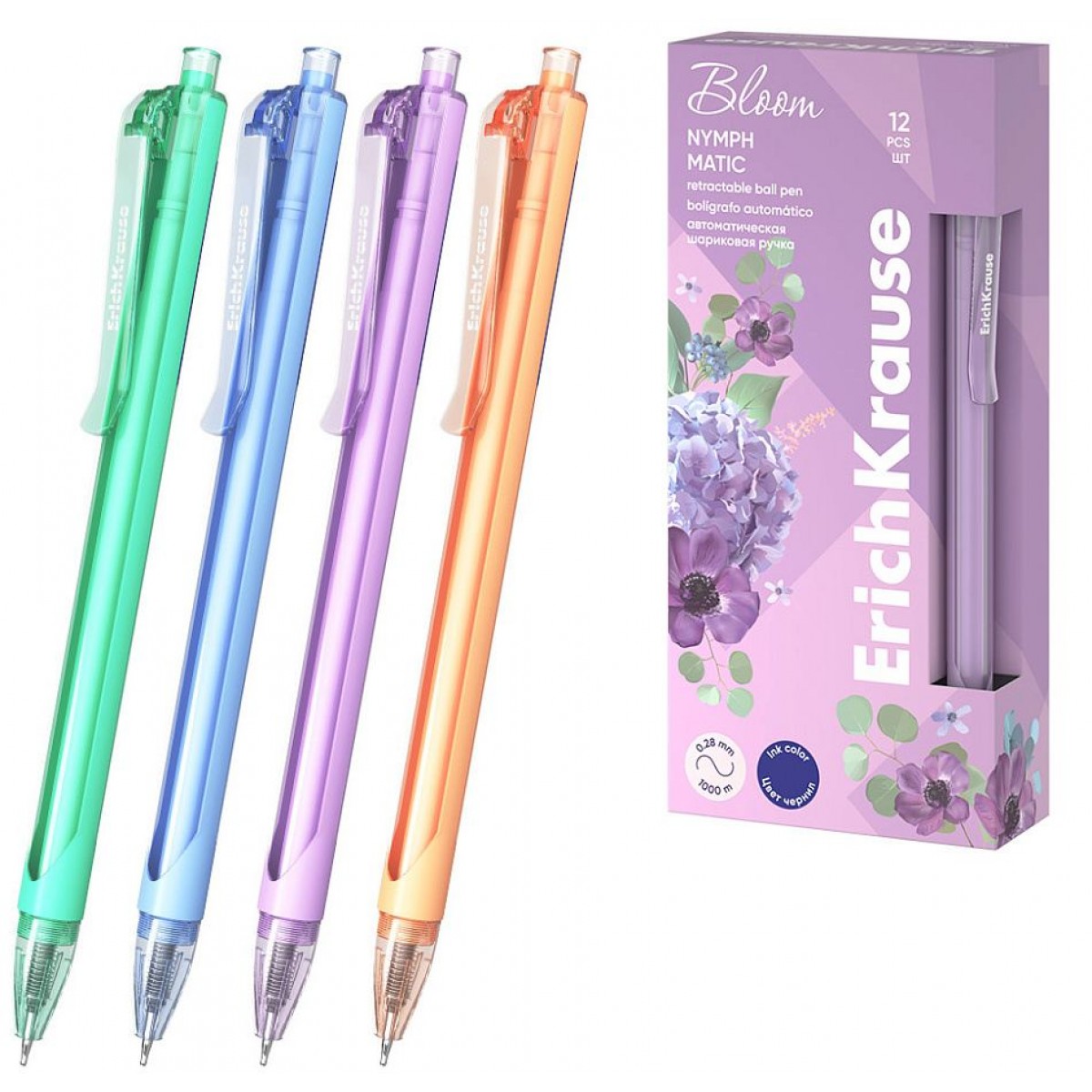 Ручка шарик.автомат. ErichKrause Nymph Matic Pastel Bloom 0.7, линия 0,28, полупрозрач.корпус ярких