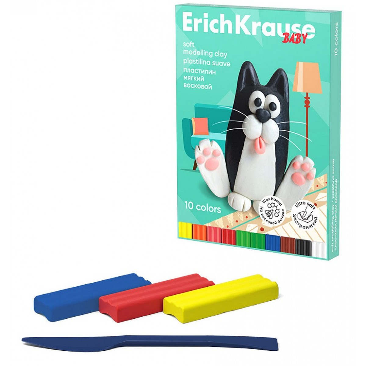Пластилин мягкий восковой ErichKrause Baby 10 цветов со стеком, 130 г
