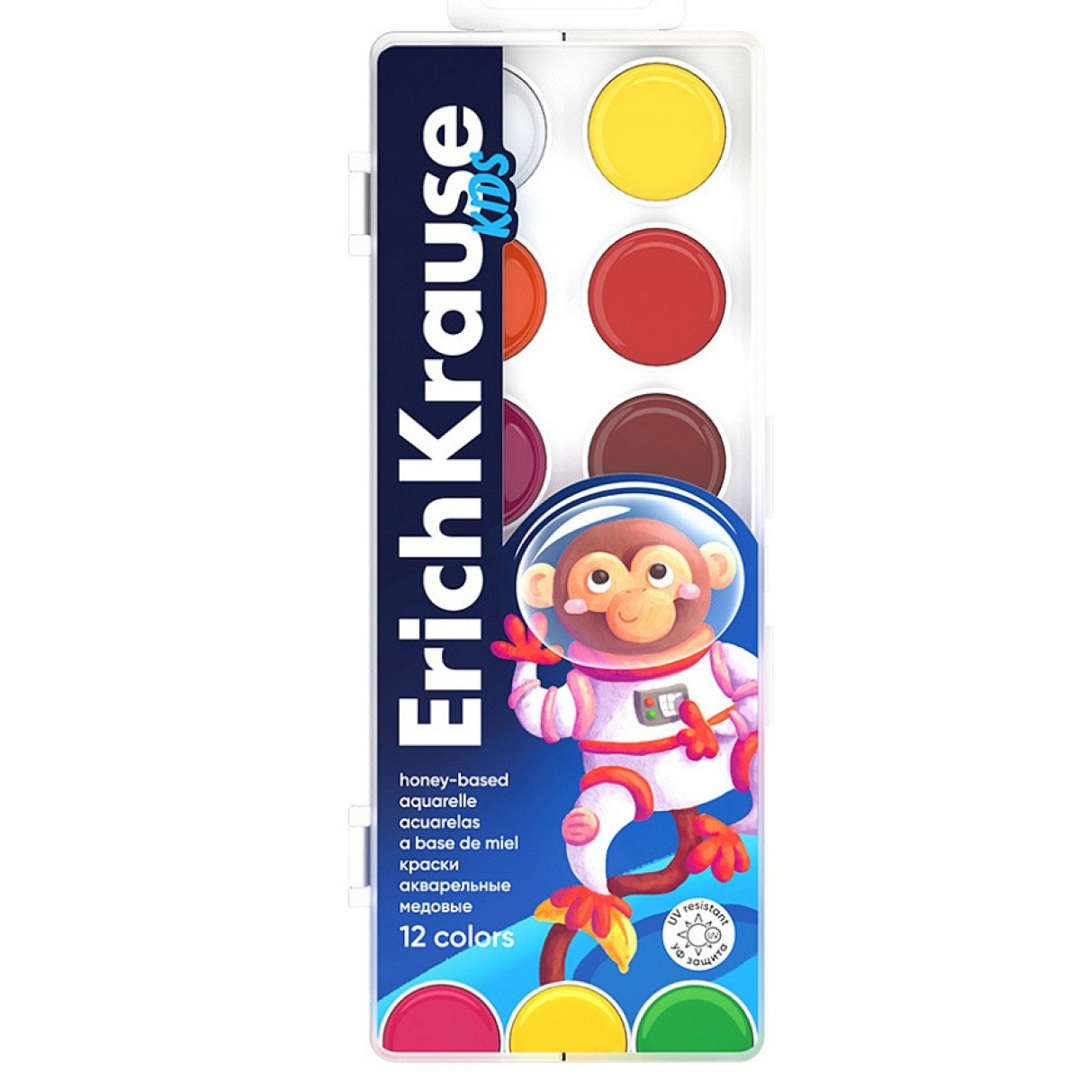 Краски акварельные ErichKrause Kids Space Animals медовые с УФ защитой яркости 12 цветов