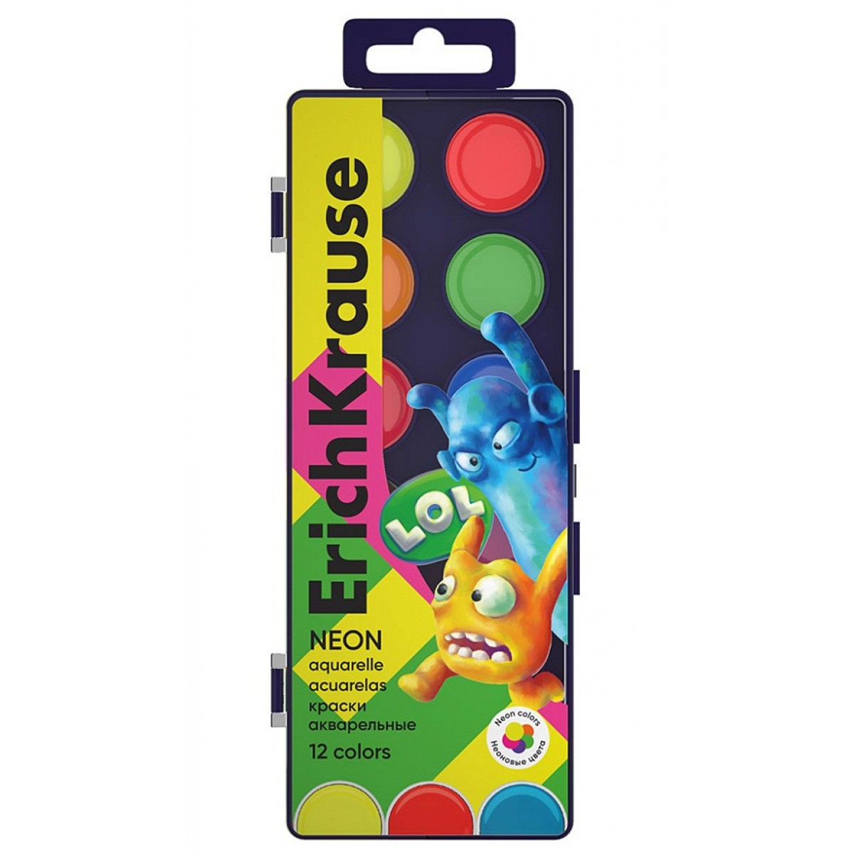Краски акварельные ErichKrause Jolly Friends Neon 12 цветов (в пластиковой коробке с европодвесом)