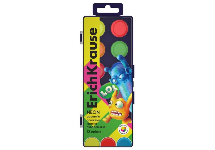 Краски акварельные ErichKrause Jolly Friends Neon 12 цветов (в пластиковой коробке с европодвесом)