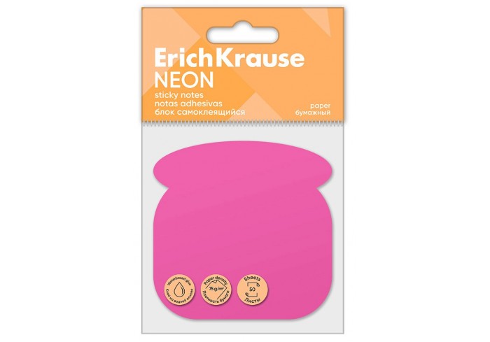 Блок самоклеящийся бумажный ErichKrause Phone Neon, 50 листов, розовый