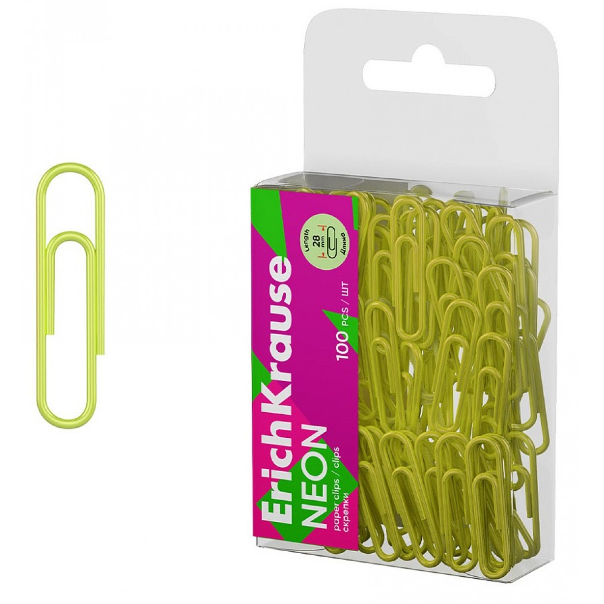 Скрепки металлические с виниловым покрытием ErichKrause Neon, 28 мм, желтый (в пэт-боксе по 100 шт.)