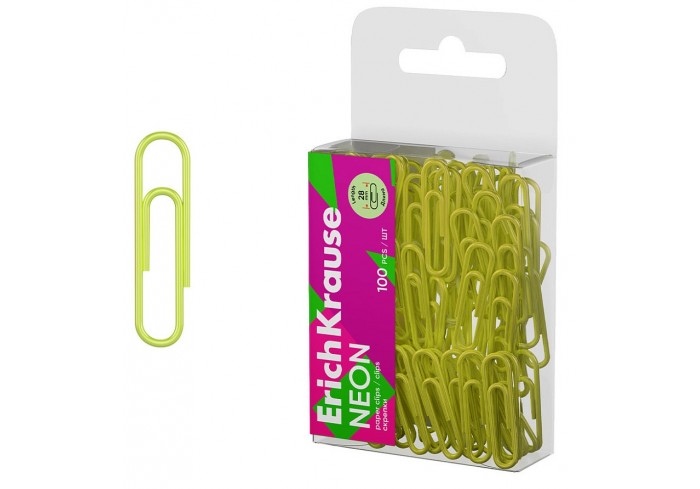 Скрепки металлические с виниловым покрытием ErichKrause Neon, 28 мм, желтый (в пэт-боксе по 100 шт.)