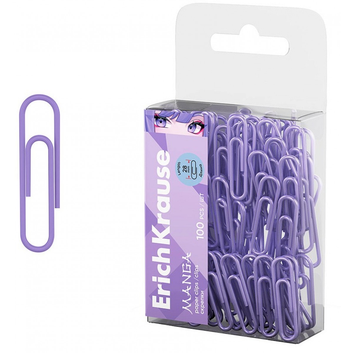 Скрепки металлические с виниловым покрытием ErichKrause Manga, 28мм, лиловый (в пэт-боксе по 100 шт.