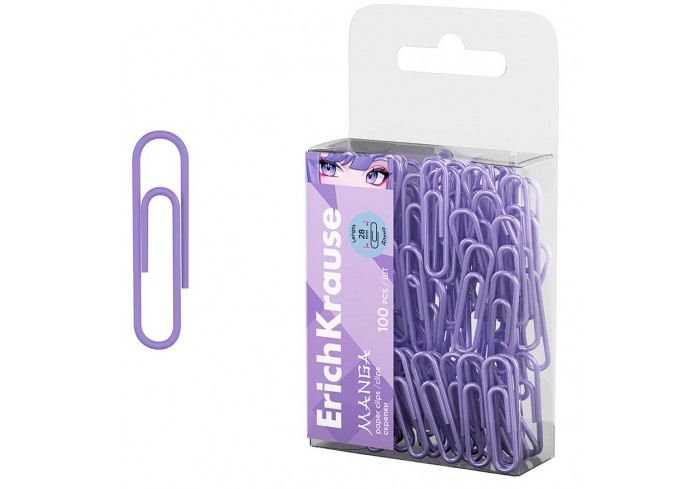 Скрепки металлические с виниловым покрытием ErichKrause Manga, 28мм, лиловый (в пэт-боксе по 100 шт.