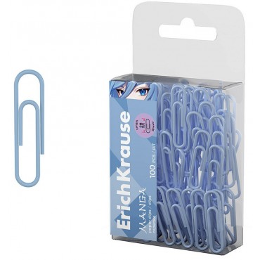 Скрепки металлические с виниловым покрытием ErichKrause Manga, 28мм, серо-голубой (в пэт-боксе по 10
