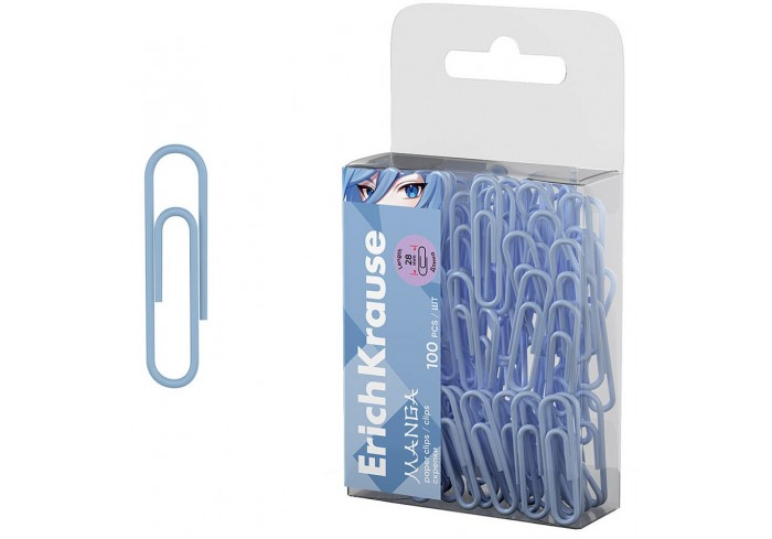 Скрепки металлические с виниловым покрытием ErichKrause Manga, 28мм, серо-голубой (в пэт-боксе по 10
