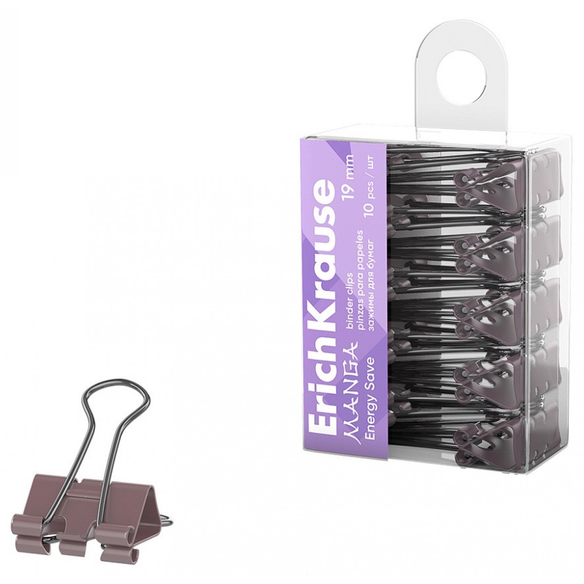 Зажимы для бумаг Energy Save ErichKrause Manga, 19 мм, лиловый (в пэт-боксе по 10 шт.)