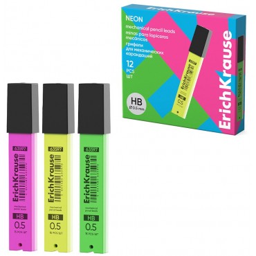Грифели ErichKrause Neon для механических карандашей 0.5 мм, HB (в футляре по 15 шт.)