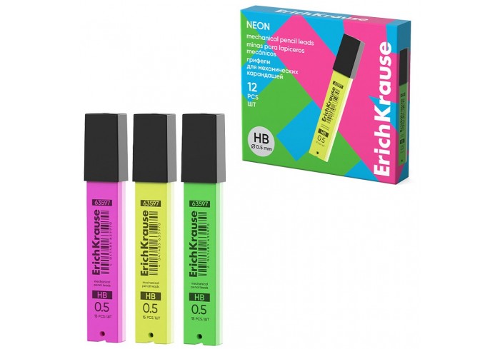 Грифели ErichKrause Neon для механических карандашей 0.5 мм, HB (в футляре по 15 шт.)