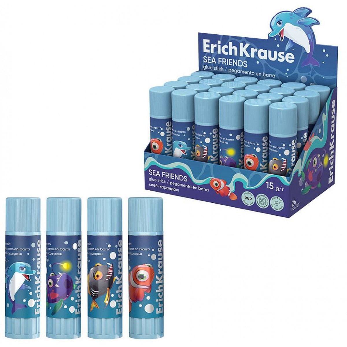 Клей-карандаш ErichKrause EasyStick Sea Friends, 15г ПВП ассорти